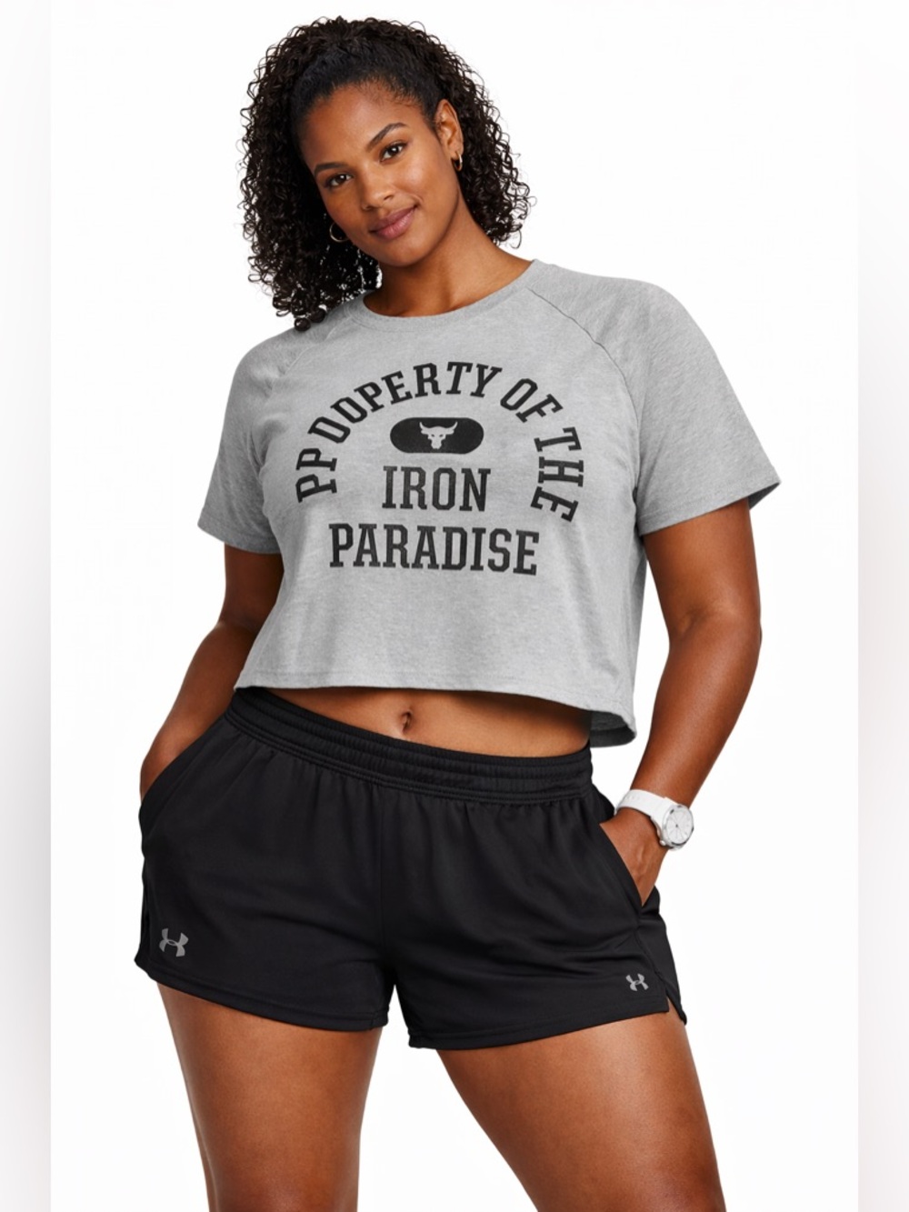 Under Armour Light Gray Cropped Iron Paradise Tee Size Large